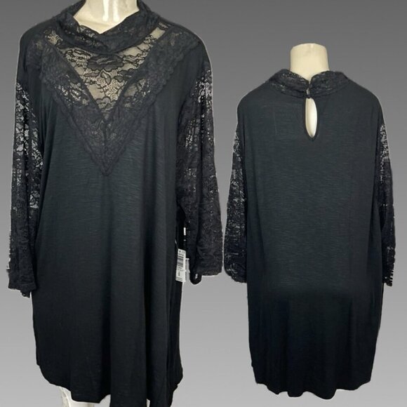 Torrid +6 Black High Neckline Sheer Lace V-Shaped Bodice 3/4 Lace Sleeve Blouse - Picture 1 of 6